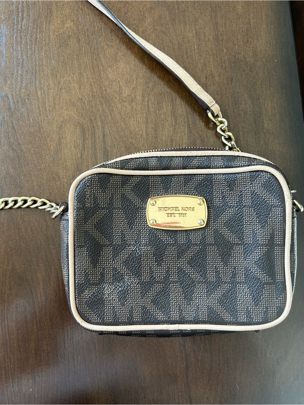 Michael Kors Brown Leather and Cream Signature MK Crossbody Bag